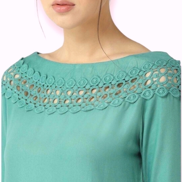 Teal Crochet Eyelet Lace Bell Flare Sleeve A Line Blouse Size Small - Picture 5 of 10